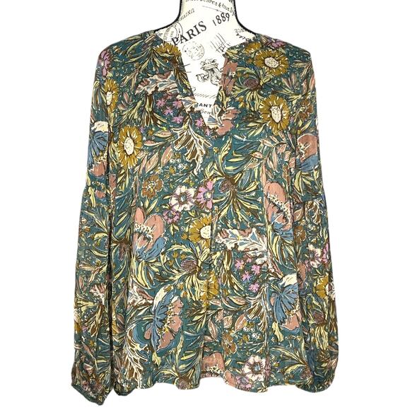 Beacon Apparel SMALL Floral Patterned Shiny Thread Detail Split Neck Blouse Top - Picture 1 of 14